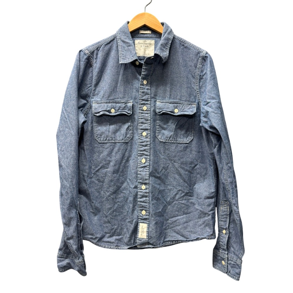 Abercrombie & Fitch Button Up Shirt Mens L Muscle Fit Blue Chambray Cotton